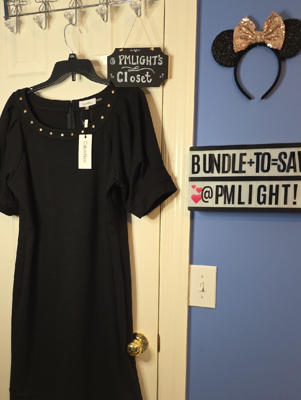 Calvin Klein Black Midi Dress 16 Gold Stud Trim New